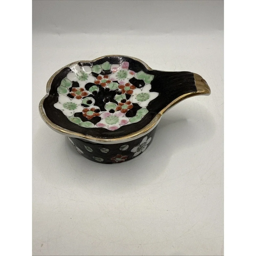 Black Floral Handpainted Decorative Japanese Vintage Ceramic Tea Bag Holder